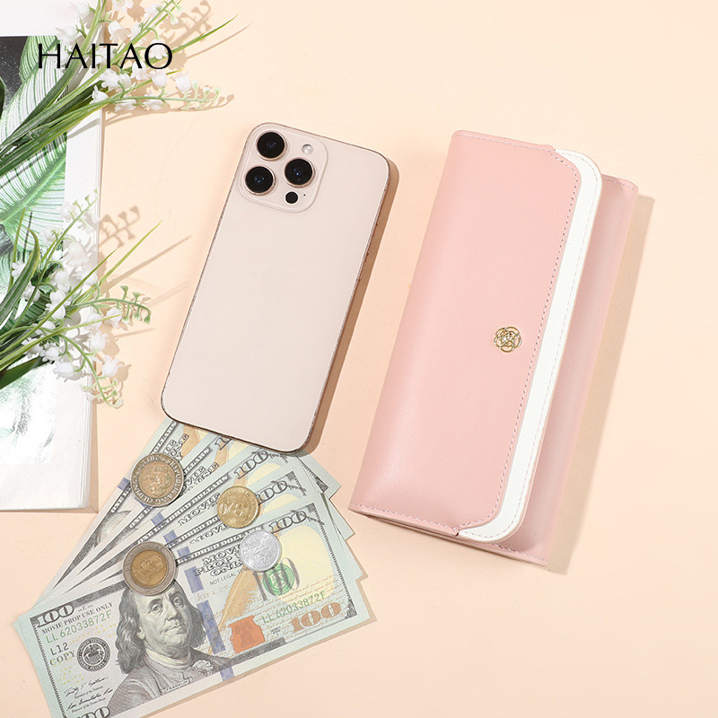 Cartera de moda de mujer de tamaño medio y largo de tres plegados multi-tarjeta empalmado mano de cuero plegable teléfono móvil agarrar bolsa de cremallera