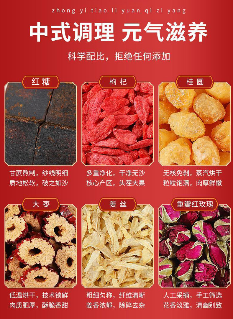 Brown Sugar Ginger Jujube Tea (Hong Tang Jiang Zao Cha) — Rose, Goji & Longan Herbal Tea Bags quality and texture