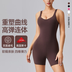 跨境歐美連體瑜伽服女帶胸墊U型美背緊身彈力提臀連體瑜伽短褲女
