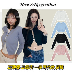 现货韩国restandrecreation 金属锁扣针织开衫女RR修身短款毛衣秋