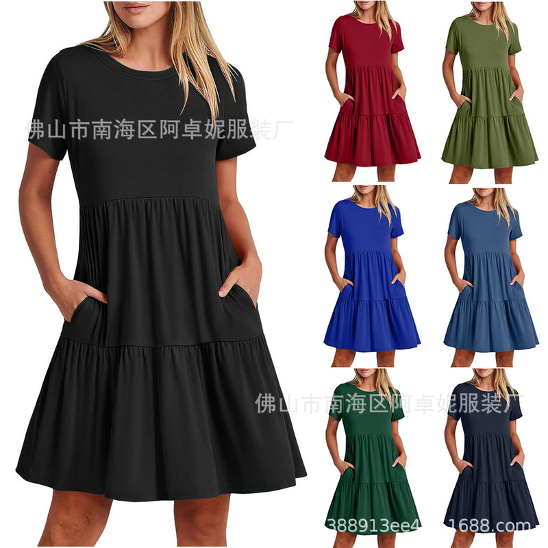 Spot 2025 Cross-Border Amazon Wish New Smocked Simple and Atmospheric Flap Pocket Pants Round Neck Beach Party Dress Spot 2025 Cross-Border Amazon Wish New Smocked Simple and Atmospheric Flap Pocket Pants Round Neck Beach Party Dress