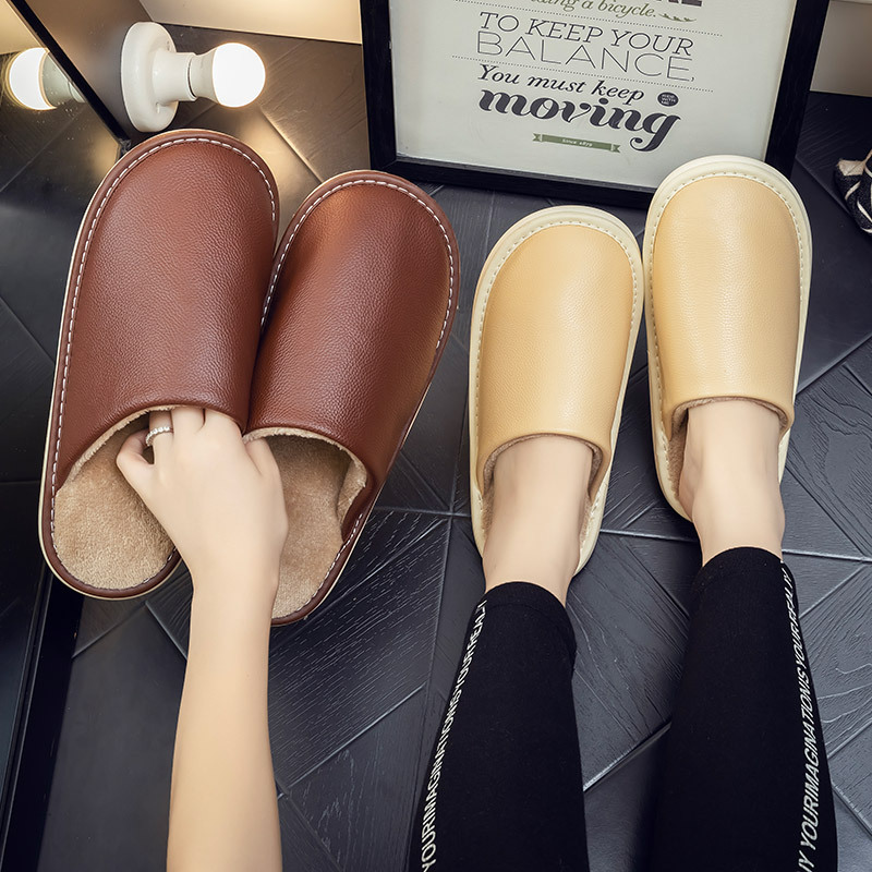 Cowhide cotton slippers men's and women's home non-slip thermal indoor wooden floor Haining Leather home leather slippers autumn and winter