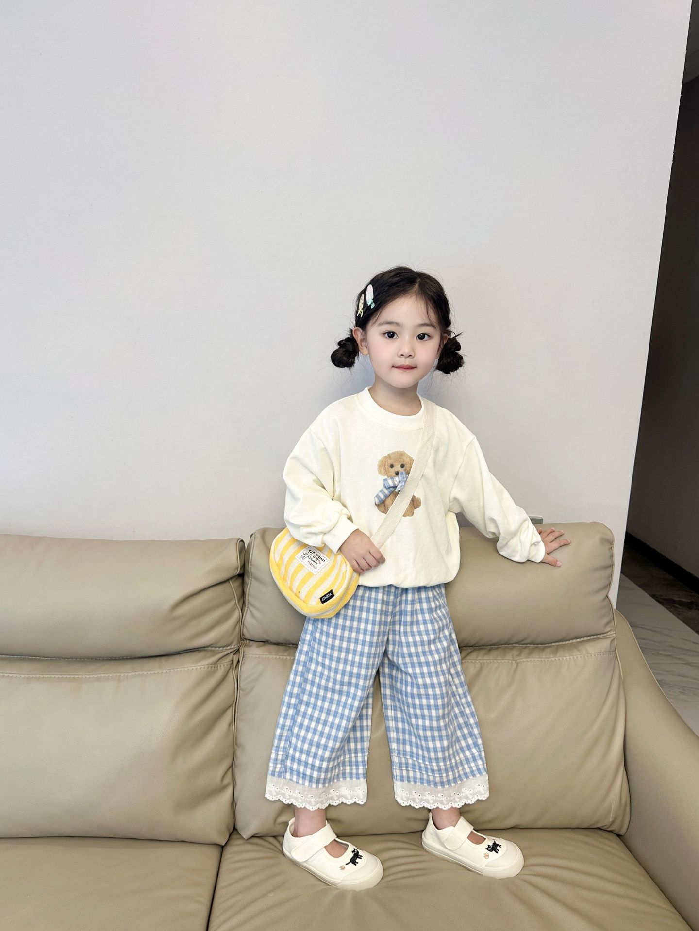 (2개) 2024 새로운 가을 어린이 캐주얼 베어 최고 격자 무늬 바지 세트