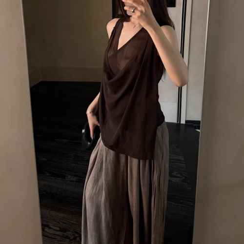 Pure Desire Style Set French Swing Collar V-Neck Top for Women Summer Fashion New Retro Casual Wide Leg Pants Two-Piece Set