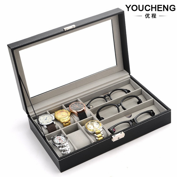 现货批发6位手表+3位眼镜盒黑色pu皮革眼镜收纳盒木质手表包装盒