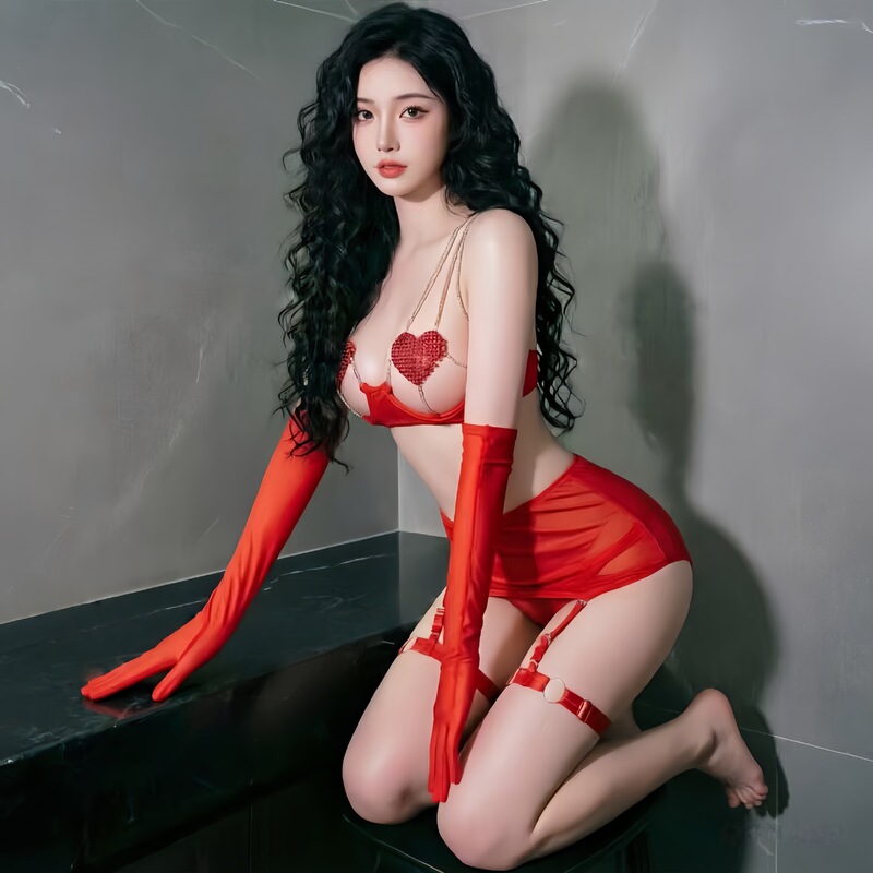 Doll Heart Chain Hollow-Out See-Through Seductive Mesh Bed Teasing Abstinence-Tempting Alluring Set Erotic Lingerie