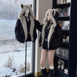 座山雕猫耳连帽棉服男女冬季设计感毛领羽绒派克服保暖情侣厚外套