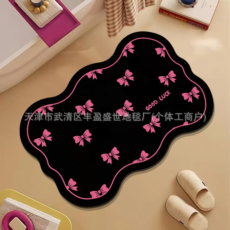 High-End Black and Pink Butterfly Bathroom Floor Mat, Shower Room Bathtub Absorbent Mat, Stain-Resistant, Wear-Resistant and Easy-Care Toilet Door Mat
