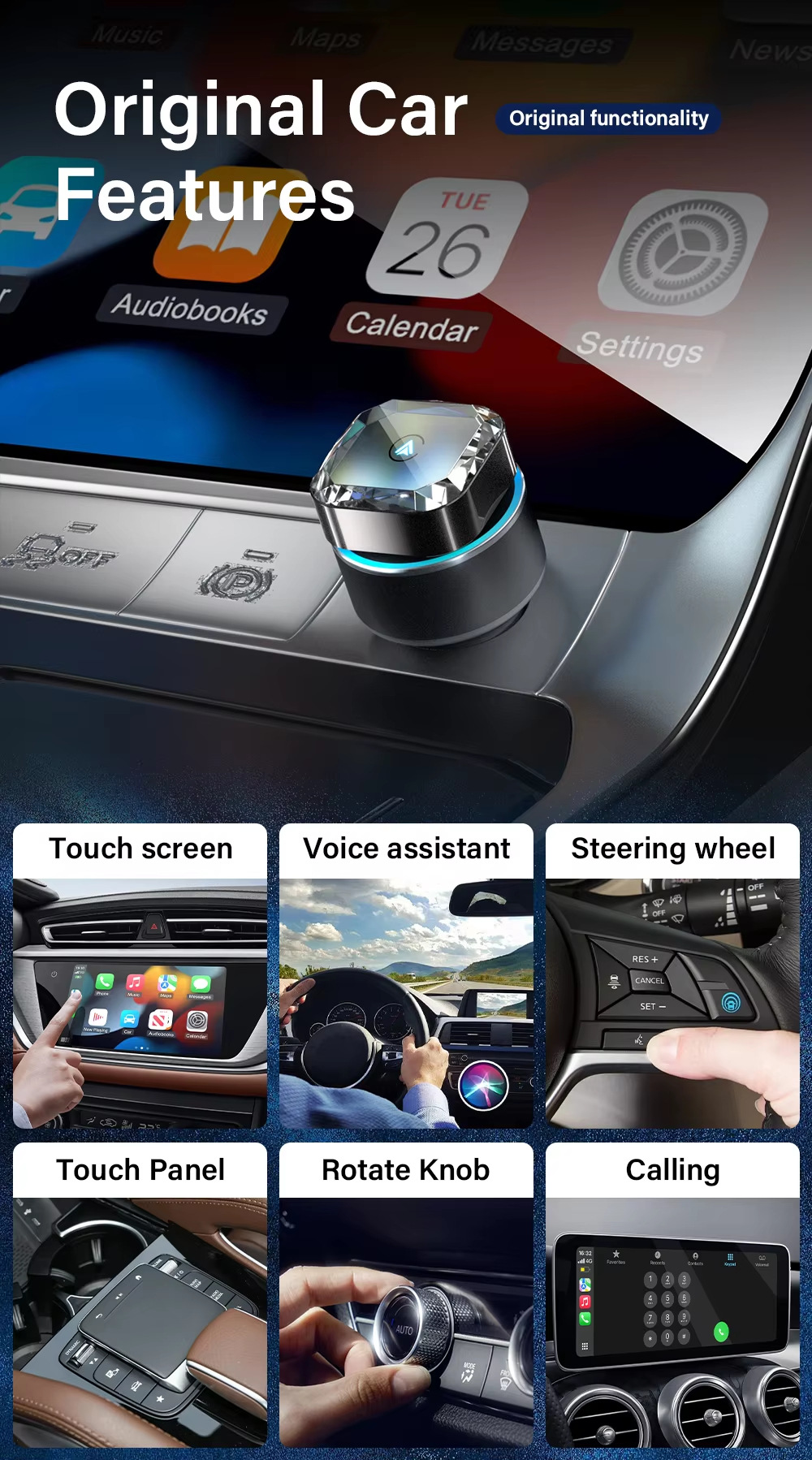 Hot Selling Diamond Carplay Car-Machine Interconnection Box with Cooling Holes Horizontal Plug-In 2in1 Wireless Caplay Box
