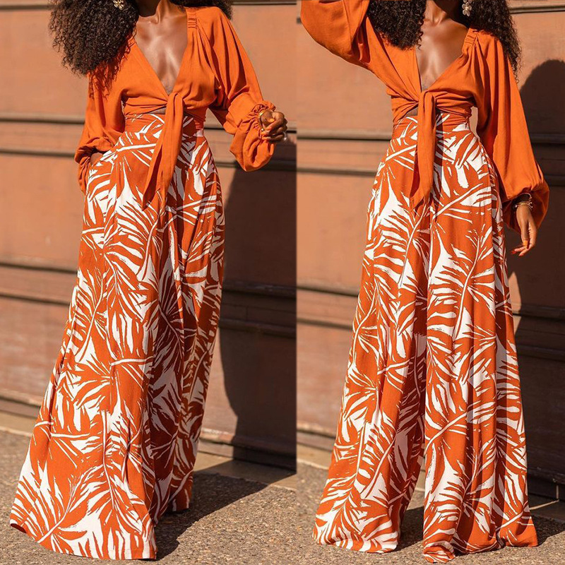 Women's Clothing new women's fashionable temperament printed pants V neck top long sleeved two piece set_voghion.com
