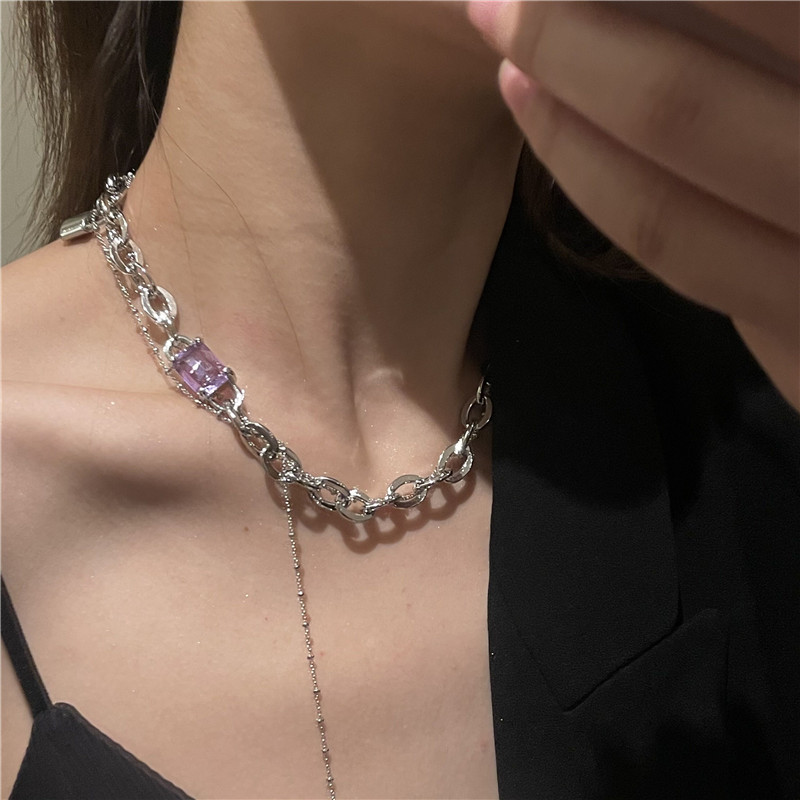 Punk Style Purple Zircon Titanium Steel Chain Stitching Necklace Tassel Clavicle Chain display picture 2