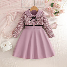 2025 秋季女童连衣裙粉紫色蕾丝长袖娃娃领蝴蝶结装饰公主风礼服