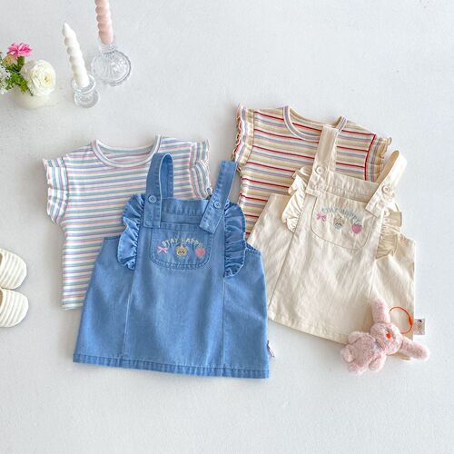 Striped T-shirt for Girls 2025 Summer Baby Sweet Korean Style Base Shirt Children Embroidered Bear Overalls