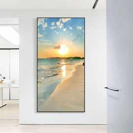 风景大海玄关装饰画竖版走廊尽头过道壁画免打孔现代客厅镶钻挂画
