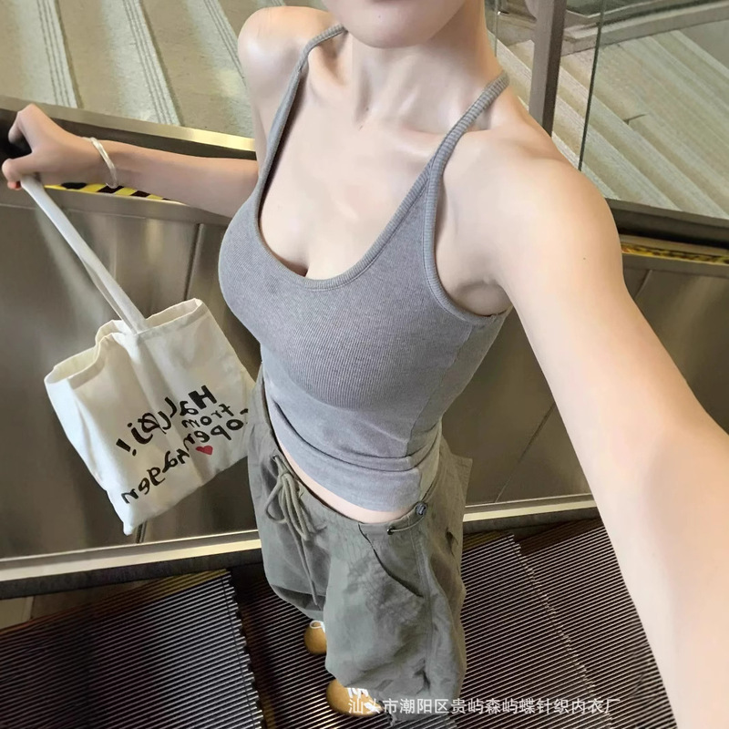 Grey Spice Girls' Camisole Women's Neck Covering Breast Pad Sports Slim-fit Beautiful Back Outer Wear Inner Top for Summer