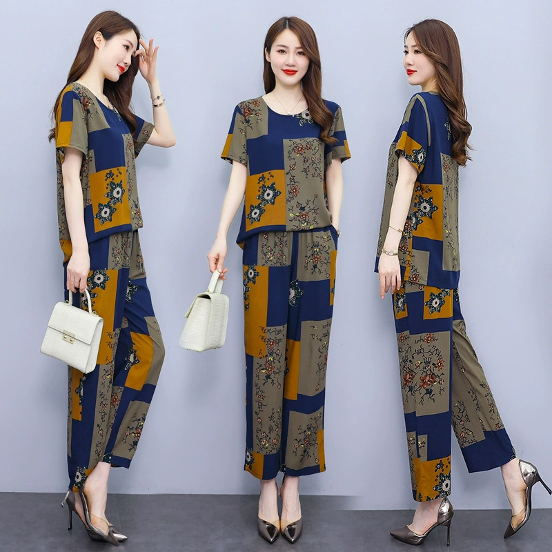 Средние и пожилые женщины летняя толстая мама одеваются из хлопкового шелка бабушкины плюс толстые плюс большие размеры с короткими рукавами, девятиукороченные брюки из двух частей
