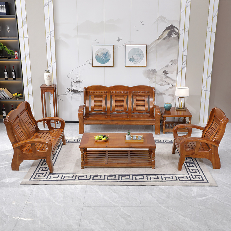 Pure Solid Wood Sofa, Chinese-Style Living Room, Small Apartment, Three-Seater, Rural Self-Built House, Camphor Wood, Wooden Federal Chair Furniture