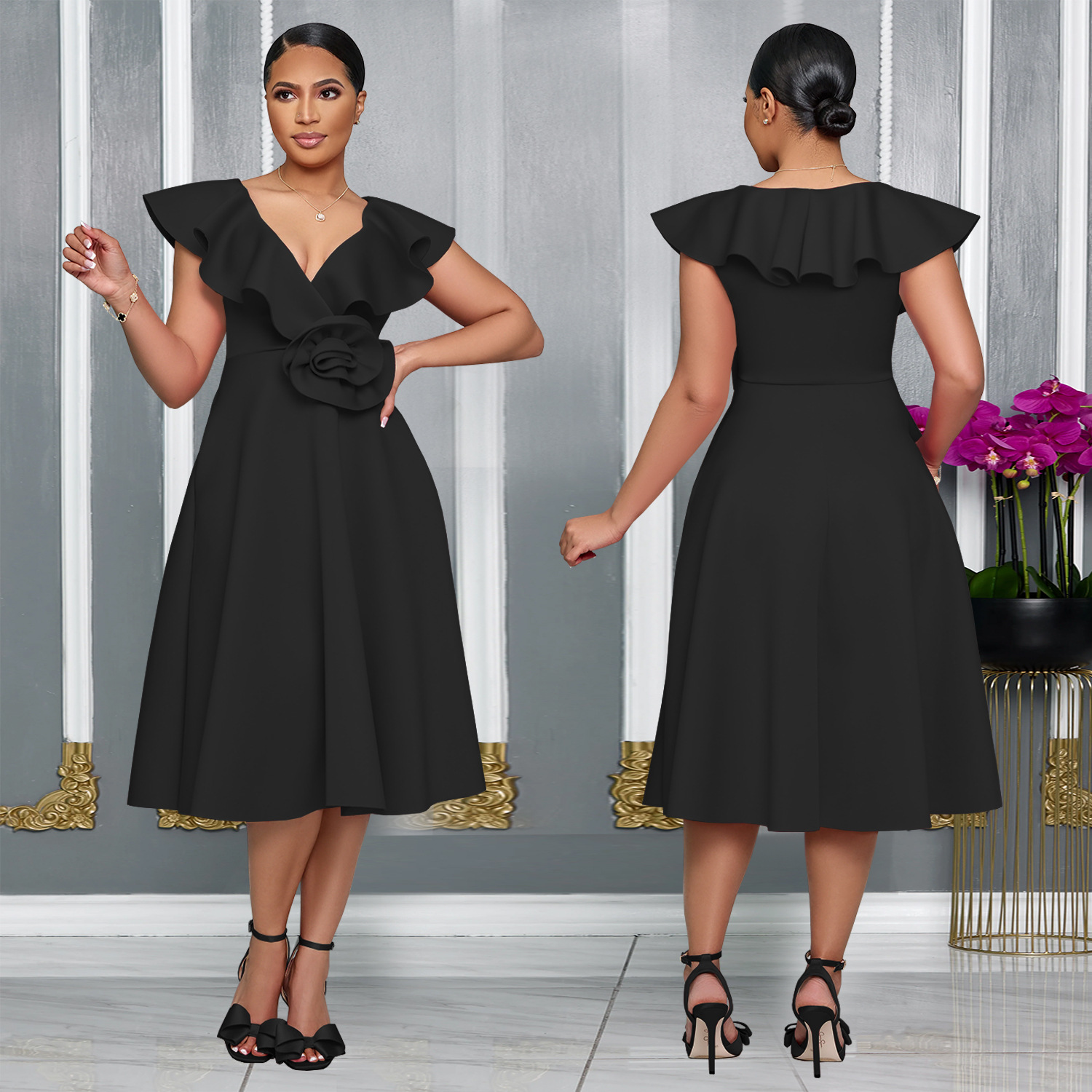 C7253 Cross-border AliExpress Amazon Moda europea y americana Ropa de mujer Elegante vestido de banquete con volantes de cintura alta image 4