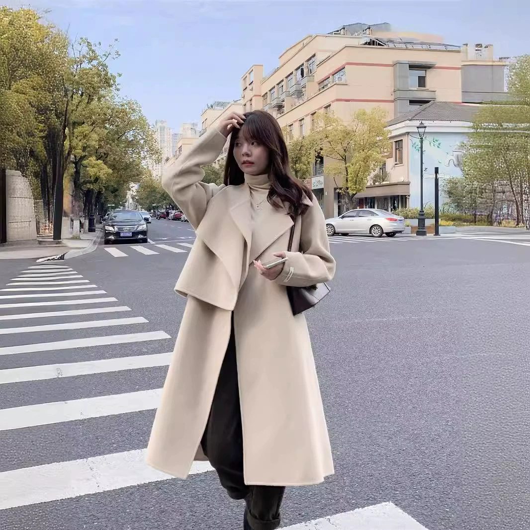 Даляньское женское осенне-зимнее темпераментное длинное повседневное свободное двустороннее кашемировое шерстяное пальто на шнуровке 22 года