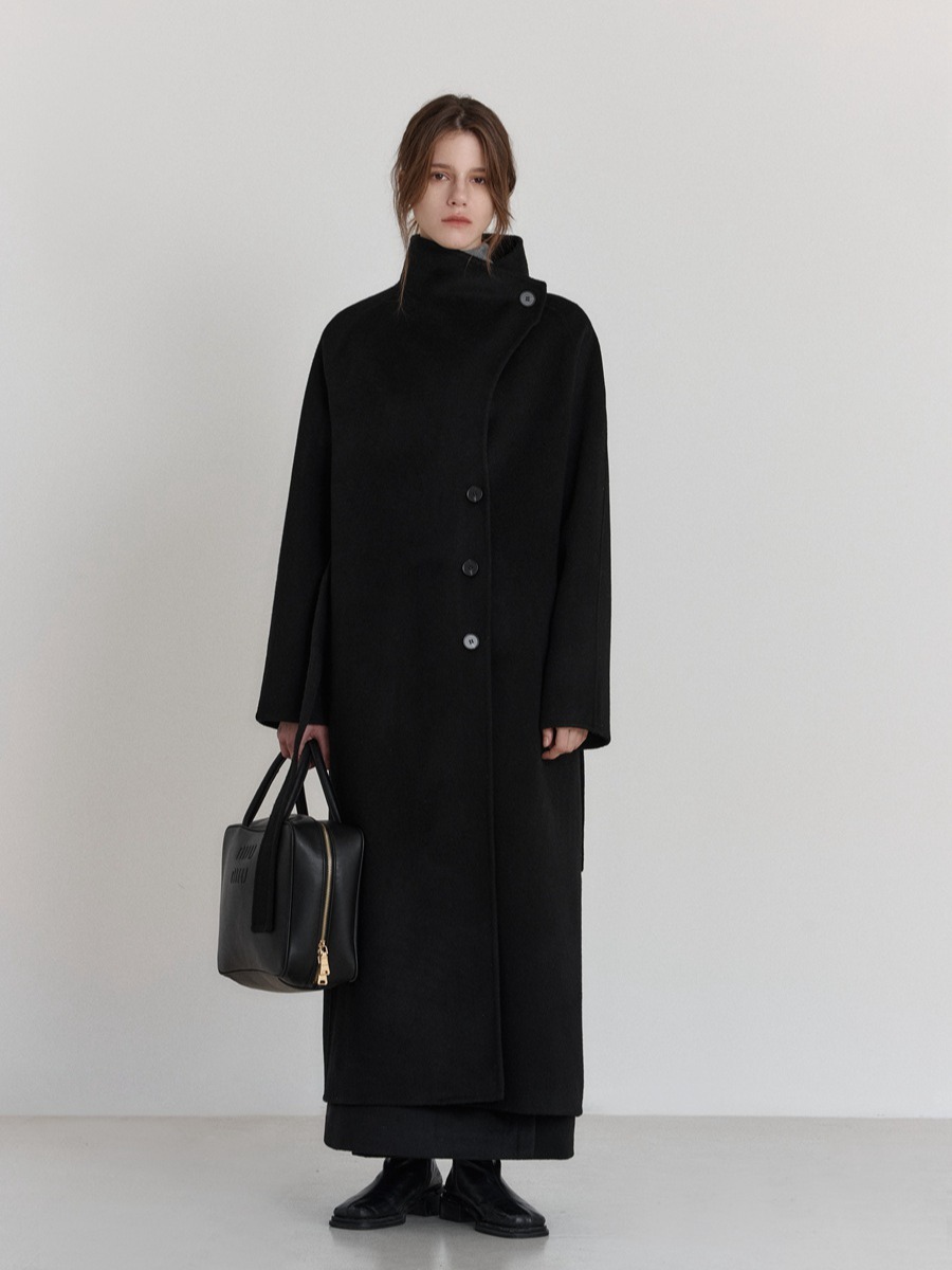 【電子商取引専用】ウール100% グレー タートルネック 両面ウール ロングコート レディース 冬 プレミアムウールコート