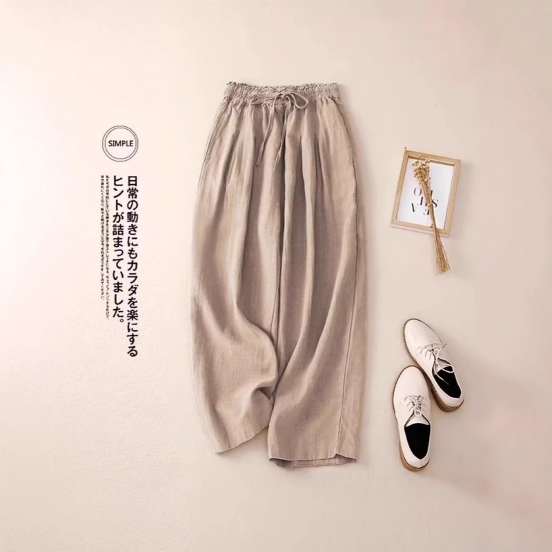 Spring and summer 2024 new elastic high waist drape casual cotton and linen wide leg pants women's loose thin cotton straight trousers Spring and summer 2024 new elastic high waist drape casual cotton and linen wide leg pants women's loose thin cotton straight trousers