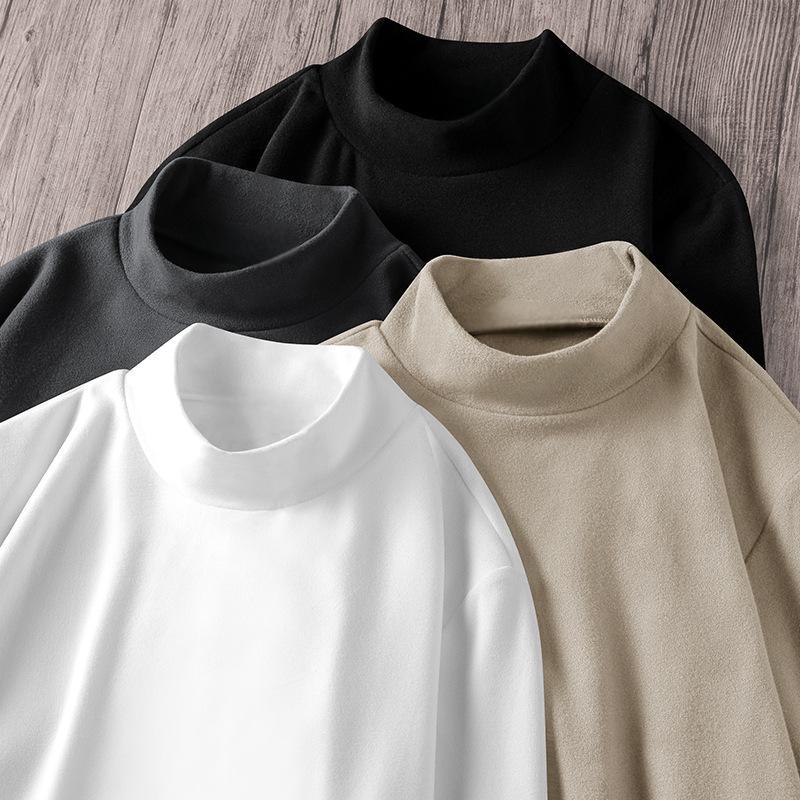 독일 벨벳 블랙 테크놀로지 미들 칼라베이스 셔츠 남자 가을과 겨울 반 높이 칼라 기모 두꺼운 양면 벨벳 따뜻한 긴팔 티셔츠 트렌디