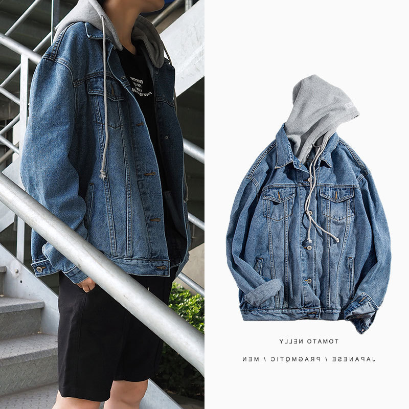 Hong Kong Style Men's Hooded Denim Jacket Teenager Korean Fashionable Loose Casual Harajuku BF Handsome Jacket Coat