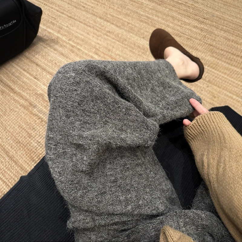 Gray Soft Waxy Woolen Wide-Leg Pants for Women in Autumn and Winter Thickeneded High-Waisted Waxy Towel Sweatpants Casual Straight Pants