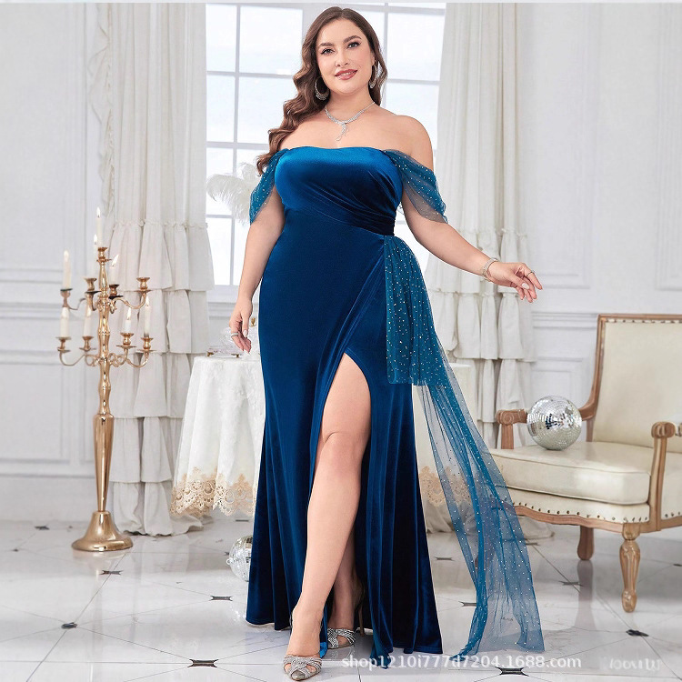 Cross-Border Plus Size Dress Amazon Off-Shoulder Evening Dress European and American Prom Party Slim Side Slit Dress