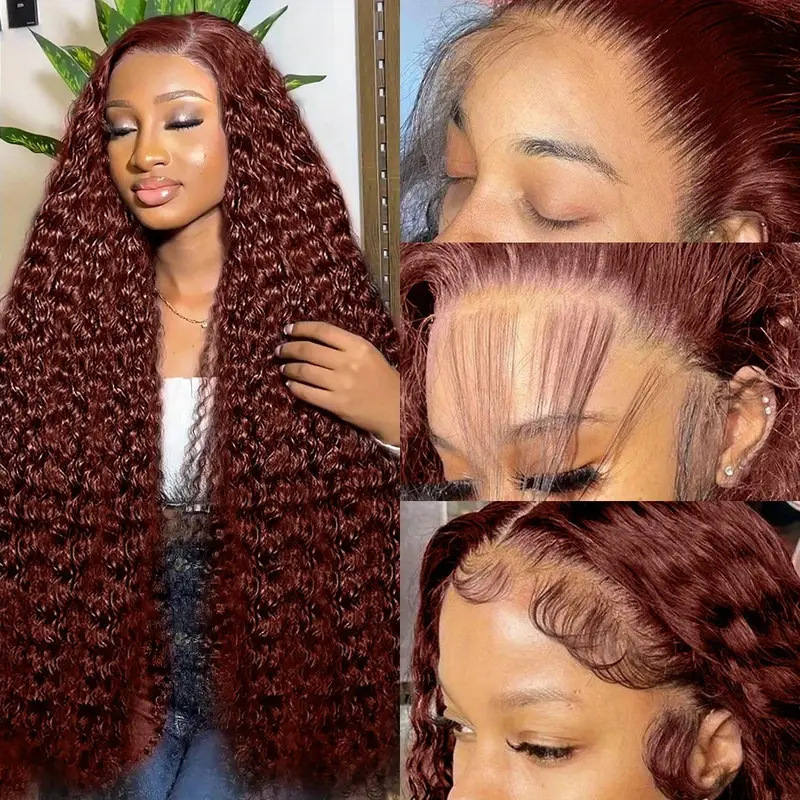 Cross-Border European and American Fashion Front Lace 13*4 Lace Wig African Hot-Selling Burgundy Small Curly Tube Long Curly Hair