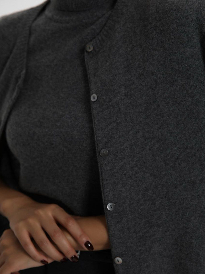 Bộ áo len dệt kim nữ cổ cao không tay kèm áo cardigan dáng suông — Áo vest màu nâu, Áo vest màu xám đậm, áo vest màu vàng, áo vest màu xanh chi tiết 88