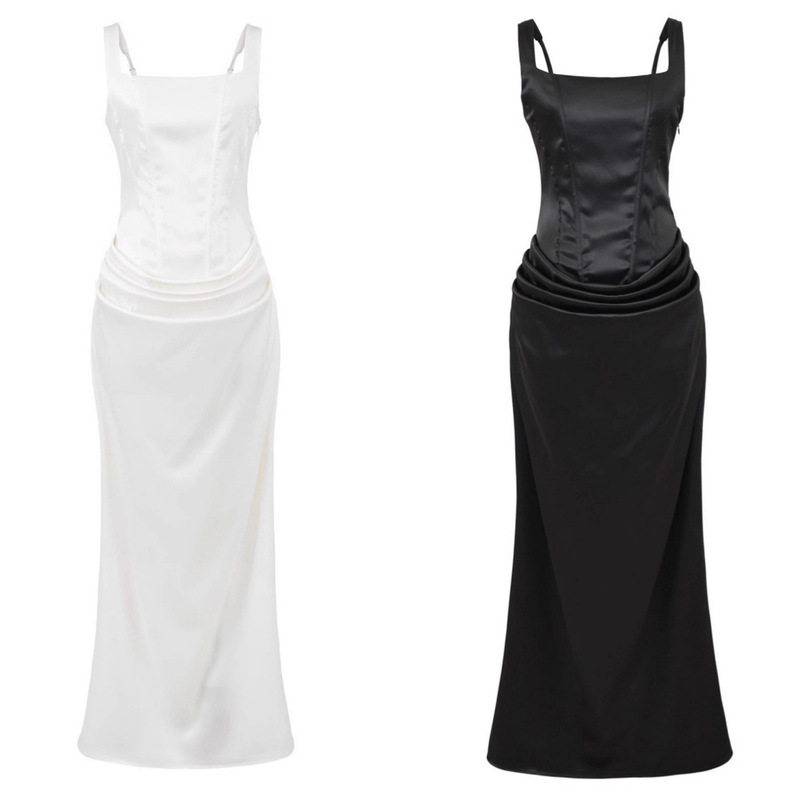 French-Style Sexy Square-Neck Fishbone Waist-Cinching Slimming Adjustable High-Quality Elegant Dress Long Gown