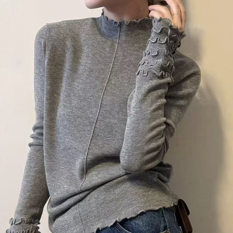 25-Year-Old Women's Autumn and Winter New Lace Ruffled Half-High Collar Knit Pullover Warm Base Shirt