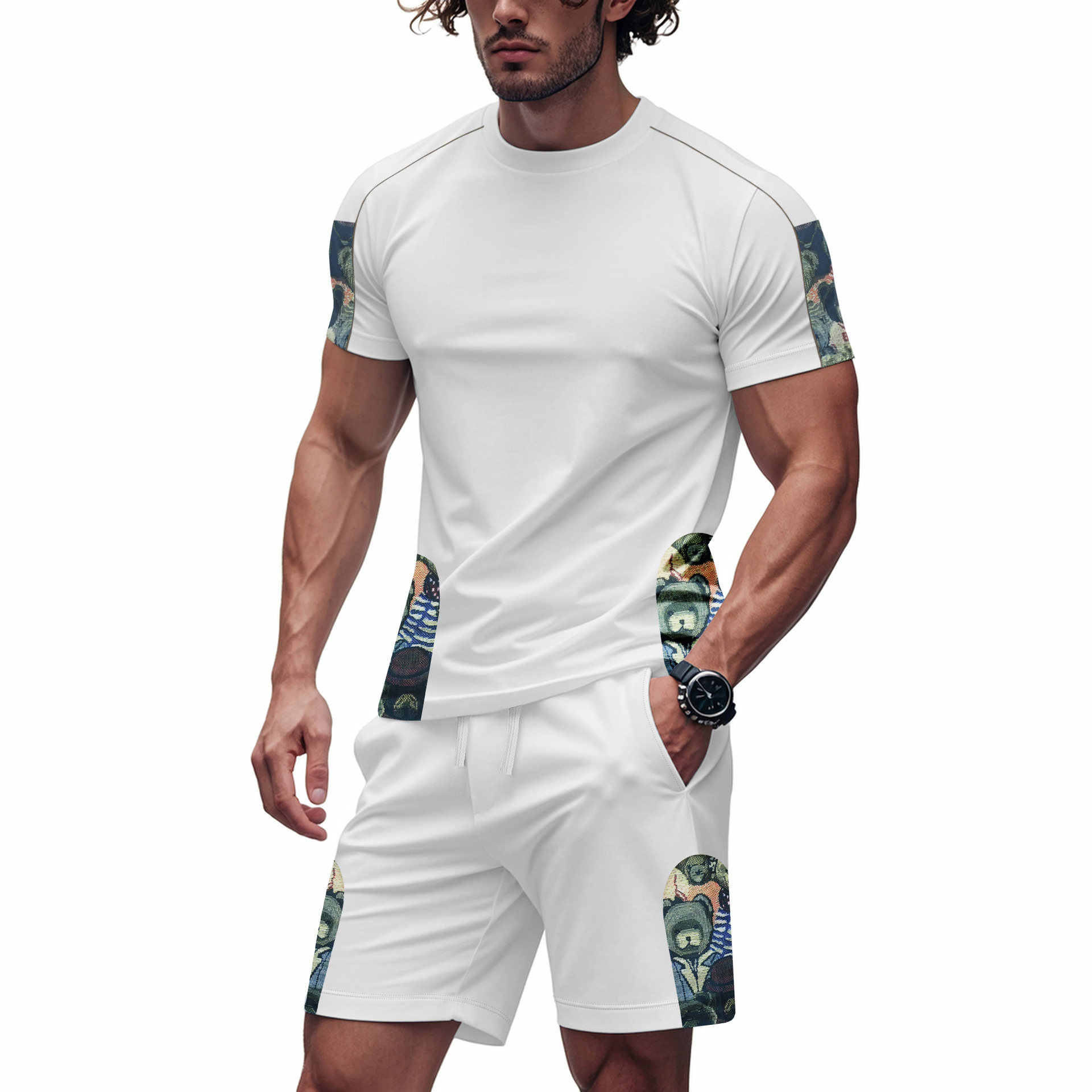 Men's Clothing Men's Trendy Sports Casual Hip Hop Round Neck Short Sleeve Bear Print Loose Fit Breathable Suit High Street Style_viptrois.com
