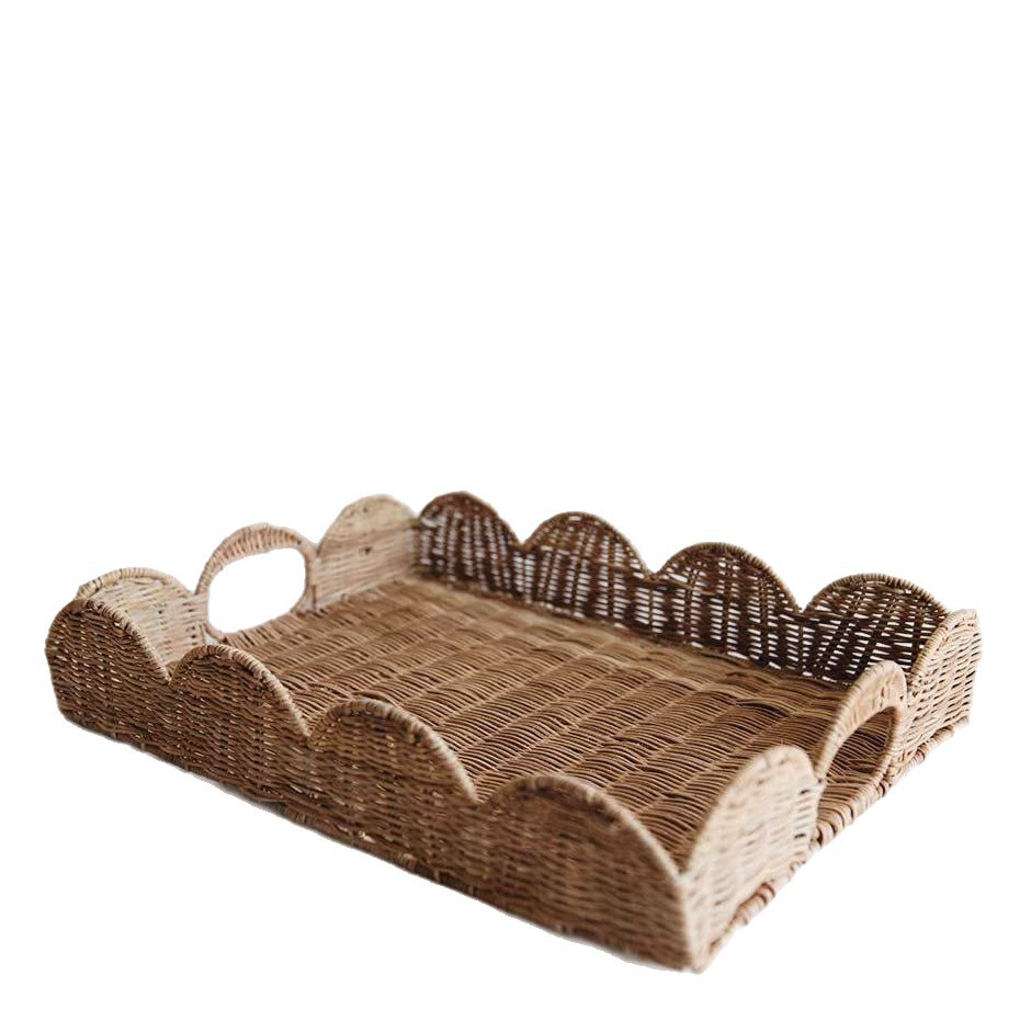 Bandeja decorativa de ratán natural tejido para B&B, bandeja redonda de almacenamiento para el hogar con doble asa, juego de bandejas de ratán tejido
