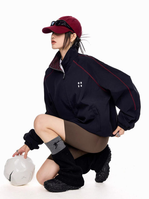 美式格子拼接红色外套男女春秋季新款简约宽松拉链夹克运动上衣|undefined