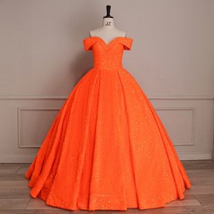 跨境歐美橙色新娘敬酒服2025夢幻亮片公主蓬蓬裙宴會演出婚紗禮服