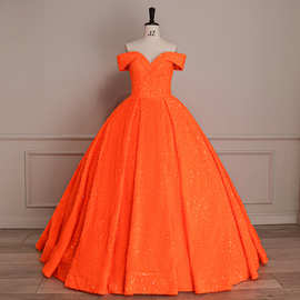 跨境欧美橙色新娘敬酒服2025梦幻亮片公主蓬蓬裙宴会演出婚纱礼服