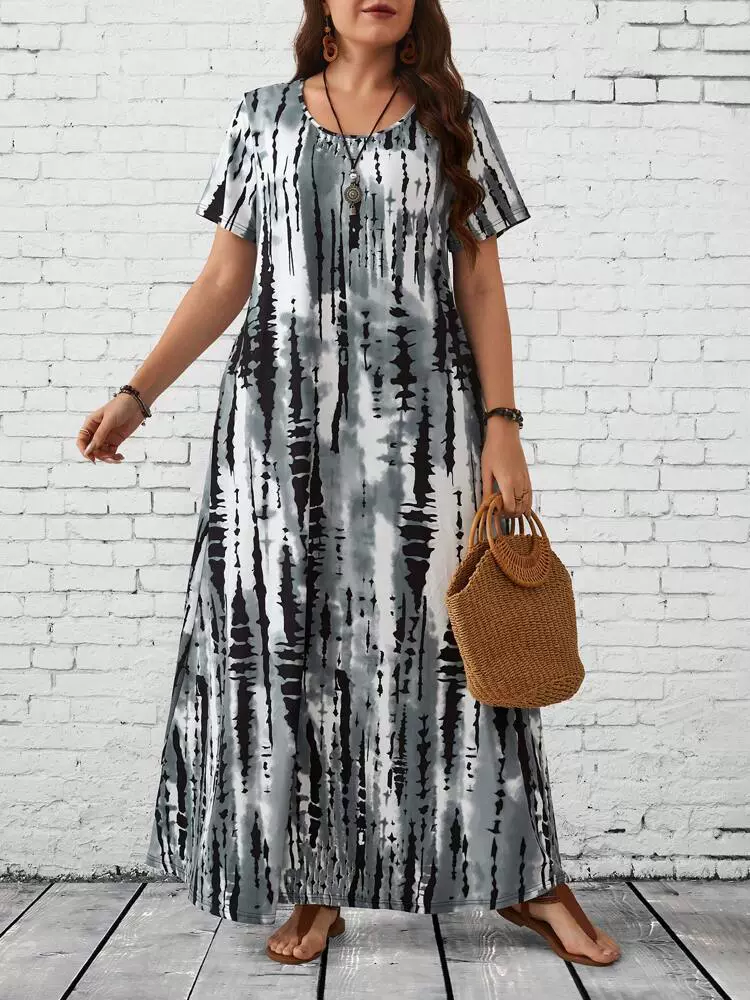 Летнее платье макси, европейский стиль, круглый вырез, plus‑size 1XL–5XL