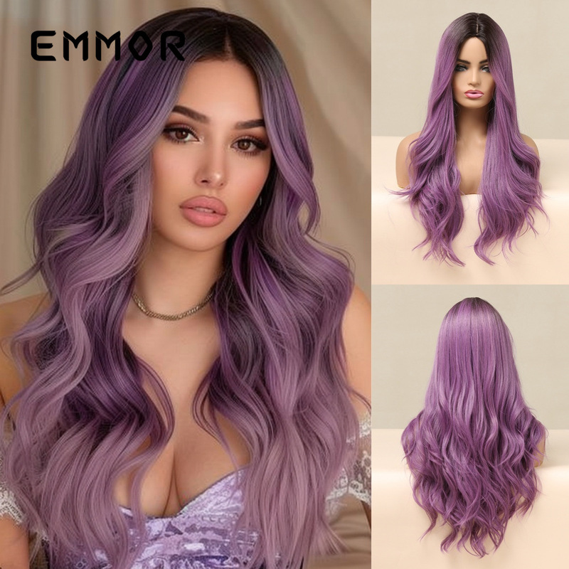 Amazon Hot-selling cosplay Full Headgear Mid-point Gradient Purple Large Wave Elegant Smooth European and American Wig Women