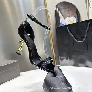 跨境爆款SYL凉鞋女杨树林金属跟漆皮圣罗兰一字带高跟鞋女大码