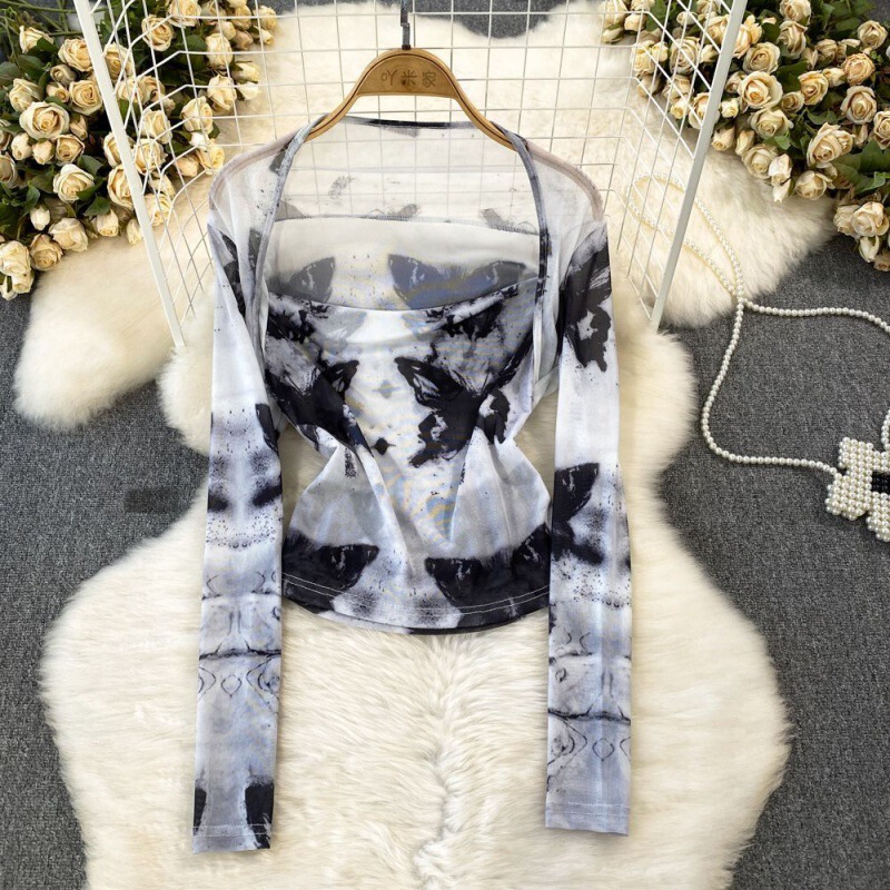 Hot girl long sleeve fake two-piece square collar tie-dyed mesh sun protection top personalized design fashionable slim-fit short T-shirt