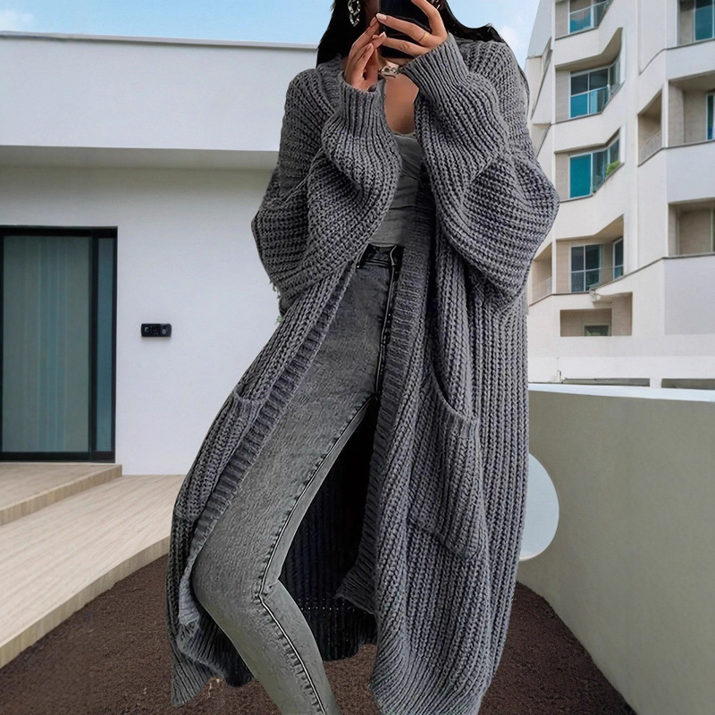 Cross-Border Foreign Trade Long Thick Woolen Coat for Women, New Spring and Autumn Style, Lazy Style, Loose Fit, Solid Color, Versatile Knitted Cardigan Cross-Border Foreign Trade Long Thick Woolen Coat for Women, New Spring and Autumn Style, Lazy Style, Loose Fit, Solid Color, Versatile Knitted Cardigan