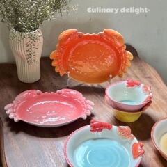 螃蟹鱼虾陶瓷家用高颜值碗盘餐具饭碗浮雕手工甜品沙拉盘耐高温