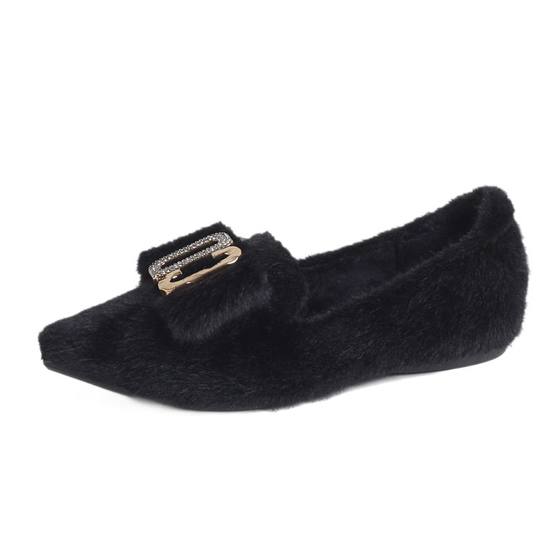 2026 new pointed hairy shoes autumn and winter flat cotton shoes fashionable and versatile black suede single shoe size 41-43