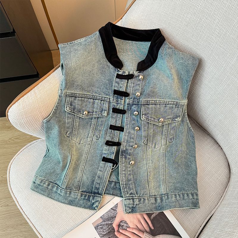 Vintage New Patchwork Stand Collar Distressed Denim Jacket Vest for Women Summer New Street Style Versatile Vest Trendy