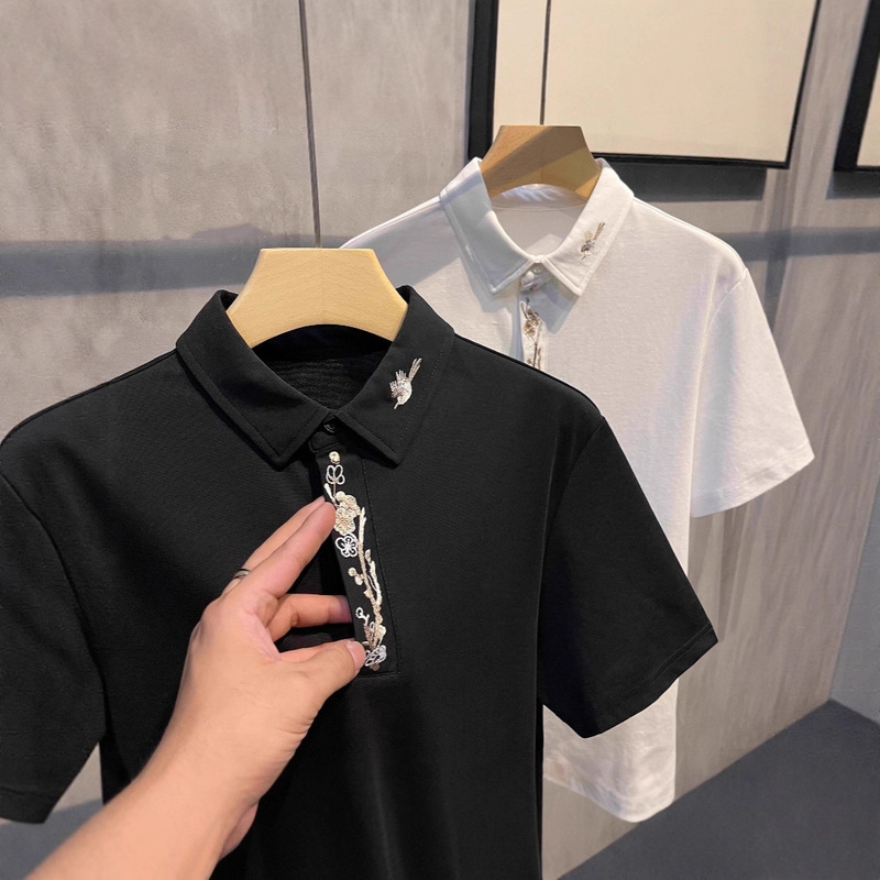 New Style New Chinese Style Plum Blossom Embroidered Lapel Shirt for Men, Casual Summer New Short-Sleeved Top, Trendy Men's Short-Sleeved Shirt