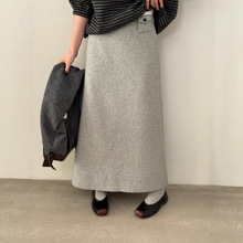 EMONI简约韩版羊呢腰包半身裙女2025早冬新款垂感高腰a字裙14379