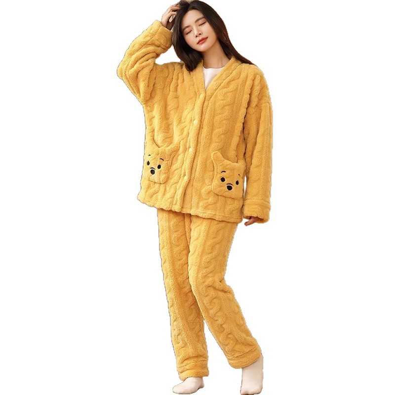 黄色小熊款家居服睡衣加绒加厚珊瑚绒开衫秋冬季2025年新款女保暖|undefined