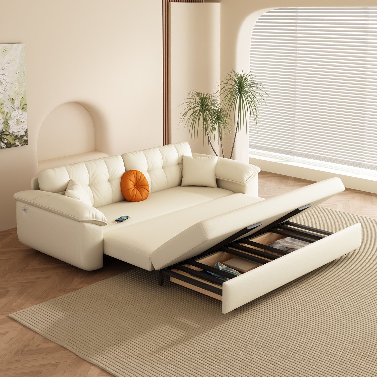 Cream Style Cat Scratch Leather Sofa Bed All-In-One Foldable Storage Multi-Functional Simple Small Apartment Living Room Double